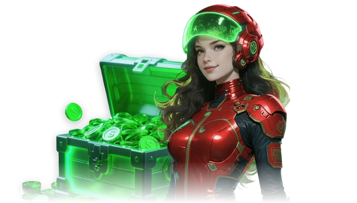 Red-suited female character with green visor standing by a chest of gold at Bet4Star