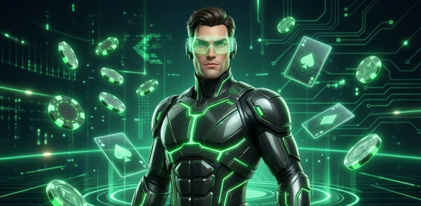 Futuristic male superhero character in green and black armor representing Bet4Star power play