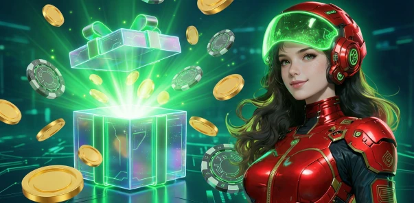 Bet4Star mascot opening a glowing green gift box with flying coins and casino chips